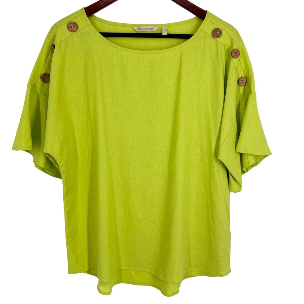 Soft Surroundings Sz Medium LINEN Neon Green Tropical Blouse Shirt Top Beach